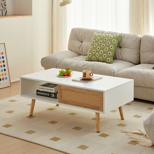 41.34" Rattan Coffee table, sliding door for storage, solid wood legs, Modern table for living room ,White 41.34" Rattan Coffee table, sliding door for storage, solid wood legs, Modern table for living room ,White