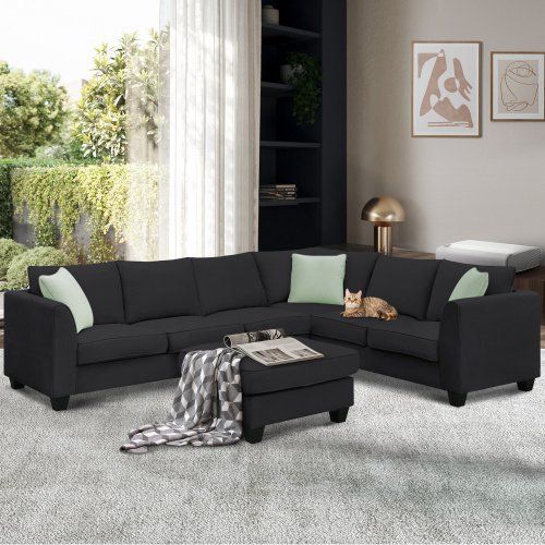 112*87" Sectional Sofa Couches Living Room Sets, 7 Seats Modular Sectional Sofa with Ottoman, L Shape Fabric Sofa Corner Couch Set with 3 Pillows 112*87" Sectional Sofa Couches Living Room Sets, 7 Seats Modular Sectional Sofa with Ottoman, L Shape Fabric Sofa Corner Couch Set with 3 Pillows
