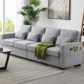 104" 4-Seater Modern Linen Fabric Sofa with Armrest Pockets and 4 Pillows,Minimalist Style Couch for Living Room, Apartment, Office,3 Colors (Color: Light Gray)